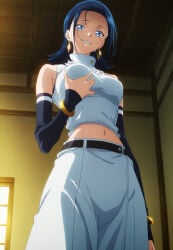 1girls ai_generated black_hair blue_eyes earrings groping groping_breasts groping_self imminent_sex jujutsu_kaisen jujutsu_kaisen_modulo jujutsu_tech_uniform looking_at_viewer looking_down shoulders smiling tummy yuka_okkotsu