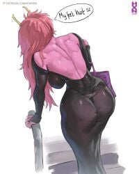 mina_ashido mina_ashido_time-skip ashido_mina_time-skip my_hero_academia howxen boku_no_hero_academia ashido_mina commentary english_commentary highres 1girl artist_logo ass back backless_dress backless_outfit bag black_dress breasts dress english_text handbag holding holding_bag large_breasts logo long_hair median_furrow patreon_username pink_hair purple_bag speech_bubble standing thong white_background