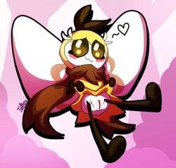 absurd_res antennae_(anatomy) arthropod blush bottomless brown_scarf cel_shading clothed clothing clothing_lift digital_drawing_(artwork) digital_media_(artwork) dress dress_lift eyelashes female flying fur generation_7_pokemon genitals heart_symbol hi_res insect insectoid_wings nintendo pokemon pokemon_(species) presenting presenting_vulva ribombee scarf shaded solo tattersthebat vulva white_body white_fur yellow_body yellow_clothing yellow_dress yellow_fur