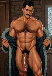 1boy ai_generated bara big_penis chest_hair dark-skinned_male dark_hair dorian_pavus dragon_age_inquisition gay_male looking_at_viewer mage male male_only mole_under_eye moustache muscular_male pubic_hair solo_male standing undressing veiny_muscles veiny_penis