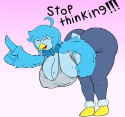 avian beak big_breasts big_butt bird blue_body blue_feathers blue_hair boots bottomwear breasts butt car_man clothing crop_top dialogue erect_nipples eyes_closed feathers female footwear grey_clothing grey_shirt grey_topwear hair happy hi_res hyper martlet_(undertale_yellow) neck_tuft nipple_outline nipples open_beak open_mouth pants shirt shirt_too_small shoes stop_thinking_about_sex tail tail_tuft topwear tuft undertale_yellow winged_arms wings yellow_boots yellow_clothing yellow_footwear yoga_pants