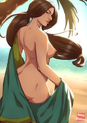 1girls alternate_version_available areolae artist_name ass avatar_legends avatar_the_last_airbender beach big_ass breasts brown_hair clothing earth_kingdom female female_only green_eyes ivana_anemon kyoshi lipstick long_hair looking_at_viewer looking_back low-tied_long_hair low_ponytail medium_breasts nipples nude nude_female small_breasts smile solo the_avatar tied_hair undressing