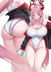 kuavera blue_archive satsuki_(blue_archive) commentary highres 1girl ass ass_visible_through_thighs black_nails bottle breasts cleavage from_behind hair_intakes halo highleg highleg_one-piece_swimsuit holding holding_bottle horns huge_breasts long_hair long_sleeves looking_at_viewer mole mole_on_breast multiple_views nail_polish one-piece_swimsuit open_clothes open_mouth parted_bangs pink_hair simple_background sweat swimsuit thigh_gap thighs very_long_hair water_bottle