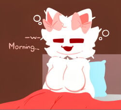 tired closed_eyes messy_fur boobs_out in_bed owocat oni_chuu woken_up woke_up blue_pillow red_blanket bed_frame boobs