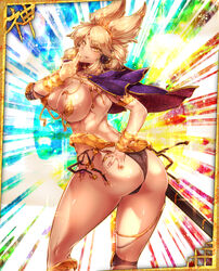 1girls alternate_costume anklet arm_strap ass belt black_panties blonde_hair body_jewelry boobs_and_butt_pose bracelet breasts capelet earmuffs earrings hair_ornament hand_on_ass jewelry large_breasts looking_at_viewer panties pasties pointy_hair pose ring sekiyu_(spartan) side-tie_panties solo sparkle sword touhou toyosatomimi_no_miko twisted_torso underwear weapon yellow_eyes