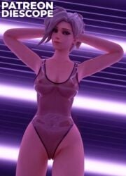 1girls 3d 3d_(artwork) blizzard_entertainment blonde_hair bodysuit breasts diescope female female_focus female_only hands_behind_head hi_res hourglass_figure latex latex_suit looking_at_viewer medium_breasts mercy nipples overwatch pussy see-through see-through_clothing shaved_pussy solo solo_female solo_focus transparent_clothing