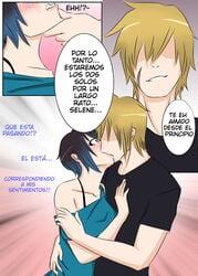 1boy 1girls asian bare_shoulders black_hair blonde_hair blue_eyes blue_hair blush chin_grab clothed comic comic_page el_diario_de_jonathan female haikon_knight japanese jonathan_almendair kissing male scar scar_on_cheek scar_on_face selene_(eddj) short_hair spanish_text two_tone_hair