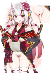 1girls breasts censored censored_pussy demon_horns female hololive hololive_gen_2 hololive_japan japanese_clothes kimono knbd lifting multicolored_hair nakiri_ayame oni oni_horns pussy_tape red_eyes red_hair thick_thighs thighhighs virtual_youtuber white_hair