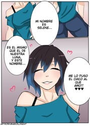 1girls black_hair blue_hair closed_eyes el_diario_de_jonathan female haikon_knight heart selene_(eddj) spanish_text two_tone_hair