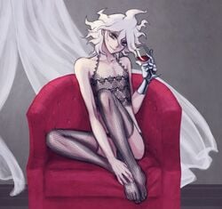 1boy danganronpa danganronpa_2:_goodbye_despair femboy fishnet_stockings fishnets head_tilt light_skin lingerie looking_at_viewer male male_focus male_only nagito_komaeda pose red_wine robotic_arm sitting sitting_on_chair solo solo_focus straight_hair thighhighs white_hair wine wine_glass yndr4hope