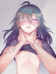 1boy androgynous blush choking femboy girly gray_eyes green_hair long_hair male male_only midriff nijisanji nipples otoko_no_ko ryushen ryuushen trap virtual_youtuber