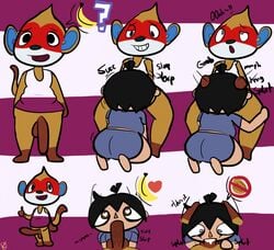 2021 animal_crossing ass balls fellatio gay half-dressed heart-shaped_pupils implied_fellatio implied_oral klutzatdusk looking_pleasured male/male monkey nintendo oral penis simon_(animal_crossing) villager_(animal_crossing) yaoi