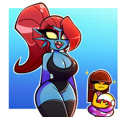 :3 big_ass big_breasts blue_skin brown_hair cleavage cute frisk happy leotard nelljoestar ponytail red_hair size_difference smiling swimsuit tagme thick_thighs thighhighs undertale undyne wholesome yellow_skin