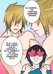 1boy 1girls black_hair blonde_male blue_hair el_diario_de_jonathan female haikon_knight heart heart-shaped_pupils jonathan_almendair male nude nude_male scar_on_cheek selene_(eddj) short_hair spanish_text two_tone_hair