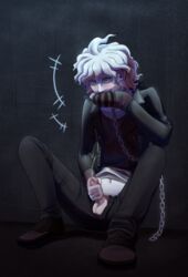 1boy balls chain_leash clothed cumming danganronpa danganronpa_ultra_despair_girls frikinky happy leash looking_at_penis looking_down male male_focus male_only masturbation mittens nagito_komaeda penis servant_(danganronpa) shirt_lift shirt_up sitting smile smiling solo solo_focus spread_legs straight_hair testicles