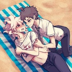 2boys ahe_gao beach clothed danganronpa danganronpa_2:_goodbye_despair drooling gay hinata_hajime light_skin male male/male male_only nagito_komaeda shirt_up smile straight_hair tears yaoi yndr4hope