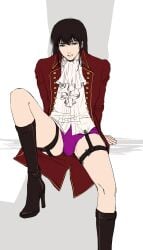 alternate_costume black_hair boots bottomless bulge coat cravat feminine_male garter_straps gintama high_heel_boots katsura_kotarou leg_up long_hair long_hair_male looking_at_viewer male male_only purple_panties sitting solo thigh_strap