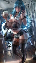 1girls bag black_nails blue_eyes bra breasts byleth_(fire_emblem) byleth_(fire_emblem)_(female) choker cleavage covered_nipples female fire_emblem fire_emblem:_three_houses garter_straps gym huge_breasts lips long_hair mirror mug nail_polish nintendo phone reflection revealing_clothes sakimichan see-through selfie shorts sideboob skindentation smartphone solo stockings teal_hair thick_thighs towel towel_around_neck underboob watch wristwatch