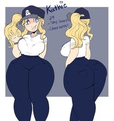 1girls ass big_ass blonde_female blonde_hair blue_eyes character_bio character_profile child_bearing_hips female female_only hat huge_ass kathie_(moonraige) light-skinned_female moonraige original original_character smile solo solo_female tagme thick_ass thick_thighs thighs voluptuous white_shirt wide_hips