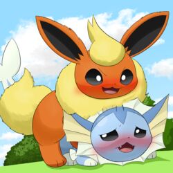 1:1 2020 absurd_res all_fours ambiguous/ambiguous ambiguous_gender background_sky black_eyes blue_body blue_sky blush day digital_media_(artwork) doggy_style duo eeveelution feral feral_on_feral fin flareon fluffy fluffy_tail from_behind_position fur grass hi_res mammal mane nintendo orange_body plant pokémon_(species) pokemon quadruped sex sky smile tokumei_tm vaporeon video_games