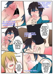 1boy 1girls asian bare_shoulders black_hair blonde_hair blue_eyes blue_hair blush clothed comic comic_page drooling el_diario_de_jonathan fellatio female haikon_knight jonathan_almendair male penis_grab saliva_string scar scar_on_cheek scar_on_face selene_(eddj) short_hair spanish_text tongue_out two_tone_hair