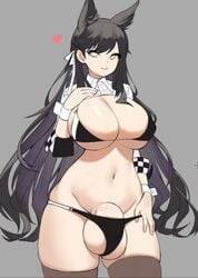 1futa animal_ears atago_(azur_lane) azur_lane balls big_balls big_breasts big_penis bikini black_hair breasts bulge clothed clothing flaccid fox_ears futa_only futanari humanoid humanoid_penis kamokotan_love kemonomimi light-skinned_futanari light_skin long_hair mostly_nude pale_skin penis penis_under_clothes solo standing work_in_progress