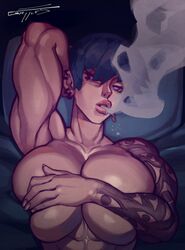 athletic big_lips blue_hair covered_nipples covering_breasts ear_piercing female gattles lip_piercing lips looking_at_viewer muscular muscular_female original_character piercing piercings short_hair sleeve_tattoo smoking solo tattoo tess_(sotchosis)