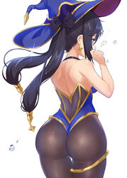 1girls ass black_hair blue_eyes bubble_butt clothed clothing dat_ass ear_piercing female genmon genshin_impact hat light-skinned_female mona_(genshin_impact) open_mouth plump_ass sideboob slim_waist solo thick_thighs twintails white_background