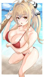 1girls amagi_brilliant_park bare_shoulders beach bikini bikini_bottom bikini_top breasts cleavage collarbone covered_nipples eyebrows_visible_through_hair eyelashes female female_focus female_only hair_ribbon looking_at_viewer nagaya_(arx7sagara) open_mouth red_bikini red_bikini_bottom red_bikini_top seaside sento_isuzu solo solo_female solo_focus thick_thighs thighs yellow_eyes