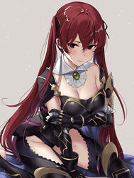 1girls alternate_costume armor bangs black_legwear blush breastplate breasts brooch cleavage closed_mouth corrin_(female)_(fire_emblem)_(cosplay) cosplay detached_collar emerald_(gemstone) faulds female female_only fire_emblem fire_emblem_fates frills gauntlets gem gloves grey_background hand_on_own_arm haru_(nakajou-28) highres inner_thighs jewelry leaning_forward long_hair medium_breasts oversized_clothes red_eyes red_hair selena_(fire_emblem_fates) severa_(fire_emblem) shoulder_armor simple_background sitting small_breasts solo sweat thighhighs thighs very_long_hair wariza