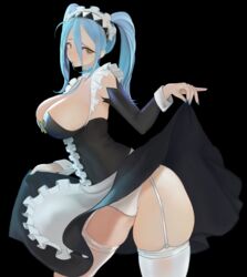 26373841_(pixiv_artist) alternate_costume alternate_hairstyle azura_(fire_emblem) bare_thighs blue_hair blue_nails fire_emblem fire_emblem_fates garter_straps hair_between_eyes large_breasts lifted_by_self long_hair maid nail_polish nintendo panties presenting preview_(preview0) skindentation skirt_lift thick_thighs thighhighs twintails upskirt white_panties yellow_eyes