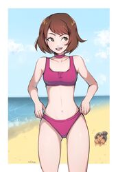 :d adapted_costume bangs bare_arms beach bikini bob_cut border brown_eyes brown_hair buttons choker cloud collarbone creatures_(company) day dwebble eyelashes female game_freak gloria_(pokemon) highres looking_to_the_side milka milka_(milk4ppl) navel nintendo open_mouth outdoors outside_border pink_choker pokémon_(species) pokemon pokemon_(game) pokemon_ss purple_bikini sand shore short_hair signature sky smile sparkle standing swimsuit teeth tongue upper_teeth water white_border