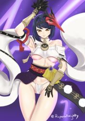 1girls armpits bare_legs big_breasts breasts cameltoe electricity fan fanart female fundoshi genshin_impact gloves golden_eyes kimono kujou_sara legs light-skinned_female light_skin mask purple_background purple_hair raised_arm ruperallmighty shiny shoulders solo solo_female thong underboob