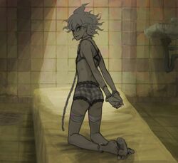 1boy bandage bandages bed bikini_top blood bound bound_wrists chain_leash chains danganronpa danganronpa_2:_goodbye_despair femboy handcuffs kneeling leash looking_at_viewer looking_back male male_focus male_only nagito_komaeda open_smile restrained smile solo solo_focus straight_hair tied tied_up underwear yndr4hope