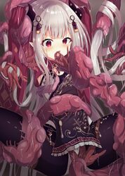 1girls artina328 breasts clothing demon_girl demon_horns fingering naraka_(nijisanji) nijisanji pointy_ears red_eyes tentacle tentacle_sex thick_thighs thighhighs virtual_youtuber white_hair