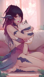 1girls au_ra bangs barefoot blurry_background blush braided_hair breasts cross_earrings feet female female_only final_fantasy final_fantasy_xiv gradient_hair lingerie long_hair looking_at_viewer multicolored_hair nail_polish navel negligee pink_eyes pink_lipstick ponytail pubic_hair solo soranamae tail tied_hair two-tone_hair xaela