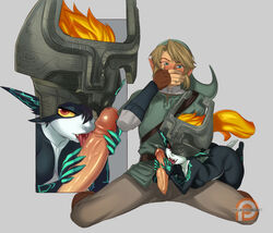 1boy 1girls bedroom_eyes blonde_hair blush blushing blushing_profusely couple covering_mouth dominant_female edging gentle_femdom green_clothing half-closed_eyes holding_penis imp_midna kukumomo licking_penis lidded_eyes link link_(twilight_princess) malesub midna naughty_face naughty_smile shocked shocked_expression smug smug_face smug_grin soft_femdom teasing teasing_penis the_legend_of_zelda twilight_princess