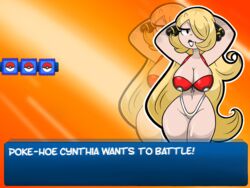 1girls bedroom_eyes bikini black_lipstick blonde_hair condom condoms curvy cynthia_(pokemon) english_text gameplay_mechanics hair_ornament half-closed_eye half-closed_eyes hands_behind_head hourglass_figure jennlumm one_eye_covered one_eye_obstructed pokemon pokemon_battle pubic_hair red_bra text thick_thighs thong white_thong