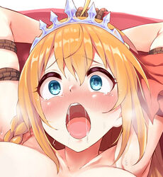 ahoge aqua_eyes arms_behind_head bangs blush bondage bound braid drooling eyebrows_visible_through_hair female hair_ornament hair_ribbon highres long_hair open_mouth orange_hair pecorine princess_connect! restrained ribbon rope saliva tiara
