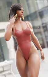 3d abs black_eyes black_hair blender bob_cut clothing dark-skinned_female dark_skin egyptian female hair_ornament hand_in_hair high_resolution looking_away muscle muscular_female one-piece_swimsuit overwatch pharah pharah-best-girl self_upload short_hair swimsuit