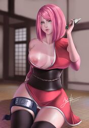 1girls 2021 alternate_costume alternate_version_available am2nte artist_signature bottomless breasts cameltoe close-up clothed_female clothing dated detailed_background elbow_pads facial_mark female female_only forehead_mark forehead_protector green_eyes headband holding_object holding_weapon indoors kimono kneeling kunai large_breasts legwear lipstick long_hair makeup naruto naruto:_the_last naruto_(series) naruto_shippuden nipples no_bra no_pants off_shoulder on_knees panties parted_bangs partially_clothed pink_hair pinup pussy sakura_haruno sash seiza short_kimono sitting skindentation solo solo_focus stockings strap_slip teasing text thick_thighs thighhighs underwear voluptuous watermark weapon wide_hips