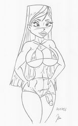 1futa big_breasts black_and_white blush breasts cleavage clothed clothing eyelashes futa_only futa_sans_balls futanari heather_(tdi) large_breasts lips long_hair moaja moaja_(artist) monochrome mostly_nude penis penis_through_leghole sketch small_penis solo tight_clothing total_drama_island