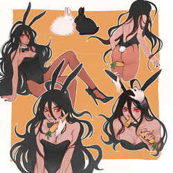 2boys androgynous ass black_hair bunny_boy bunny_costume bunny_ears bunny_tail bunnyboy bunnysuit carrot danganronpa danganronpa_ultra_despair_girls heels izuru_kamukura long_hair long_hair_male male male_focus male_only neck_bow nikoloft pecs petting pose red_eyes servant_(danganronpa) smooth_skin solo_focus