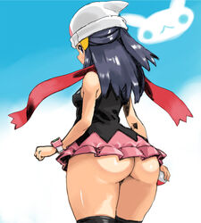 1girls ass big_ass big_butt blue_eyes blue_hair bottomless bottomless_skirt bubble_butt dawn_(pokemon) eye_contact female hat long_hair looking_at_viewer looking_back nintendo petitdry pokemon pokemon_dppt scarf solo standing thick_thighs thighhighs thighs upskirt