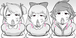 3girls after_oral ana_(mother) cum cum_in_mouth cum_on_tongue earthbound heart-shaped_pupils kumatora mob_face mother mother_(series) mother_3 multiple_girls open_mouth oriba paula_jones paula_polestar tongue_out urinals