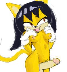 1futa 2021 akunim amber_eyes anthro black_hair breasts clothing color colored domestic_cat erection eyelashes felid feline felis fur furry futa_only futanari genitals gloves gloves_only gynomorph hair handwear handwear_only honey_the_cat humanoid_genitalia humanoid_penis intersex mammal mostly_nude nipples penis presenting sega simple_background sketch smile solo sonic_(series) sonic_the_fighters sonic_the_hedgehog_(series) white_clothing white_gloves white_handwear yellow_body yellow_fur