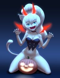 animal_ears blue_eyes bottomless breasts cat_ears cat_girl cat_tail censored choker claw_pose cleavage convenient_censoring exael halloween horns jack-o'-lantern kneeling long_hair looking_at_viewer navel nyari original painted_nails ponytail tagme tail white_hair wings