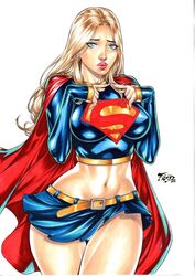 1girls 2d abs big_breasts blonde_hair blouse blue_eyes breasts cape crossed_legs cute dc dc_comics drawn ed_benes_studio female female_kryptonian female_only fred_benes golden_hair kara_danvers kara_zor-el large_breasts long_hair looking_at_viewer midriff miniskirt panties pink_lipstick pov shiny_skin shy skirt supergirl superheroine superman_(series) thick thick_thighs wide_hips