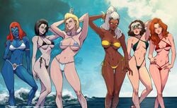 6girls abs african african_female anna_marie barefoot beach bikini black_hair blonde_hair blue_eyes blue_skin bra brown_hair choker clothed clothed_female clothes clothing danusko dark-skinned_female dark_skin day domino_(marvel) earrings emma_frost eyewear_on_head facing_viewer female female_only green_eyes jean_grey light-skinned_female light_skin lipstick long_hair looking_at_viewer makeup marvel marvel_comics multiple_girls mutant mystique navel neena_thurman nipple_bulge nipples_visible_through_clothing no_pupils ocean ororo_munroe panties phoenix_(x-men) ponytail purple_lipstick raven_darkholme red_hair red_lips red_lipstick redhead revealing_clothes rogue_(x-men) side-tie_bikini simple_background smile smiling smiling_at_viewer standing storm_(x-men) sunglasses sunglasses_on_head superheroine swimsuit tan tanline thong two_tone_hair underwear water white_background white_eyes white_hair white_queen x-force x-men yellow_eyes