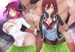 2boys 2girls big_breasts blush bra breasts clothed_female_nude_male faceless_male female go-toubun_no_hanayome grabbing_from_behind hair_ribbon headphones huge_breasts large_breasts long_hair moni_pai nakano_miku nakano_nino open_mouth pantyhose prison_guard_position sisters thick_thighs